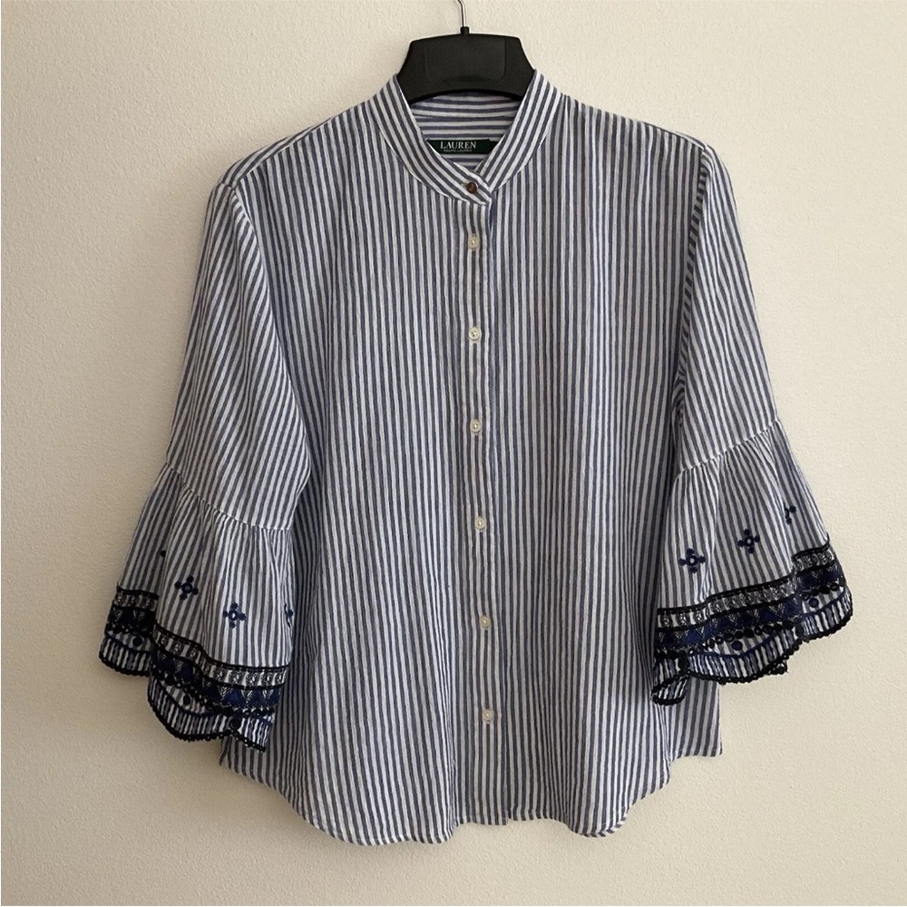 Ralph Lauren Blue Striped Shirt with Lace Trim Large